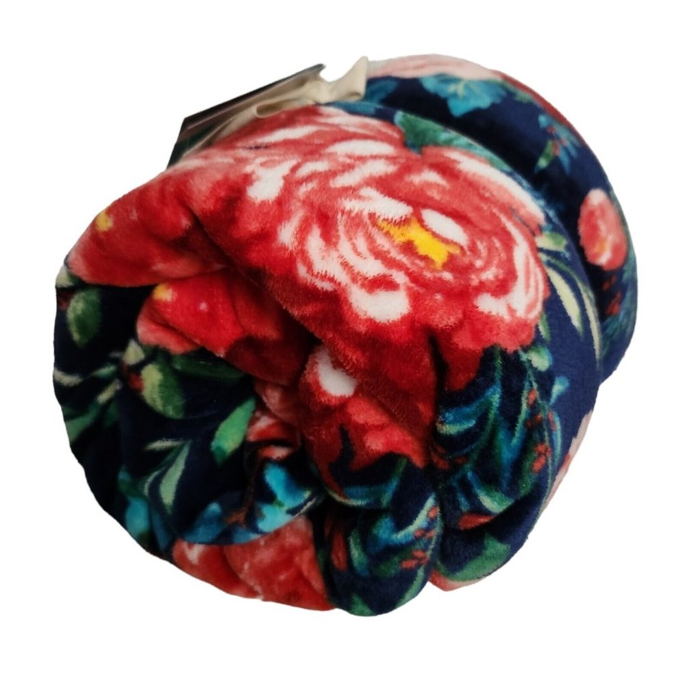 Pioneer Woman Holiday Floral Velvet Plush Throw Navy Reversible Sherpa - Picture 3 of 4